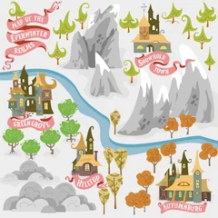 Fotobehang Fairy tale fantasy map of Everwinter Realm and City states in colorfule vector illustrations © QatlasMap