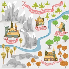 Fairy tale fantasy map of Everwinter Realm and City states in colorfule vector illustrations