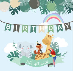 Green birthday card with elephant,fox,giraffe,parrot,rainbow,ribbon and balloon