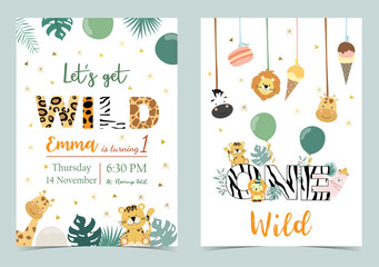 Green birthday card with tiger,giraffe,zebra,llama,lion,ice cream and balloon