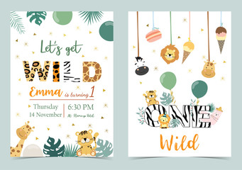 Green birthday card with tiger,giraffe,zebra,llama,lion,ice cream and balloon © piixypeach