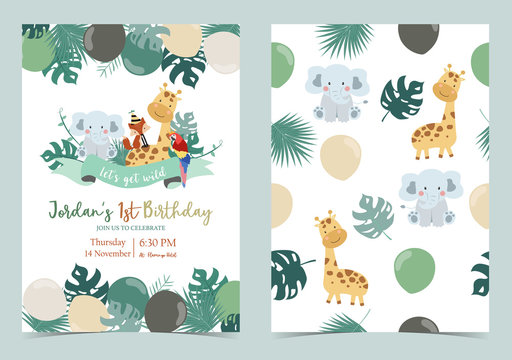 Green birthday card with elephant,fox,giraffe,parrot,ribbon and balloon