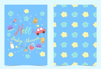 Green blue birthday invitation with pacifier,balloon,car,duck,nappy and ribbon. Hello baby shower