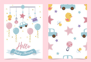 Fototapeta premium Pink blue birthday invitation with pacifier,balloon,car,duck and ribbon. Hello baby shower