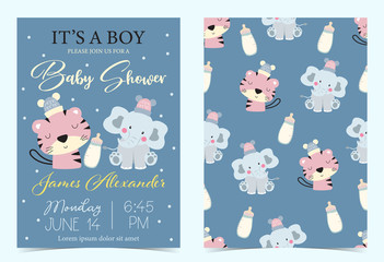 Pink blue birthday invitation with elephant,bottle,milk and tiger