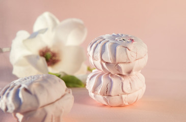 sweet pink marshmallow on beige background, Magnolia flower in the background, dessert,