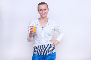 girl, glass, juice, smiling,  sportswear,  young, woman,