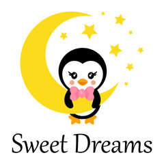 cartoon cute penguin with tie on the moon and text