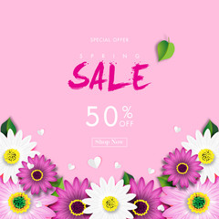 Spring Sale Off Background with Colorful Daisy Flower Blossom Design Vector