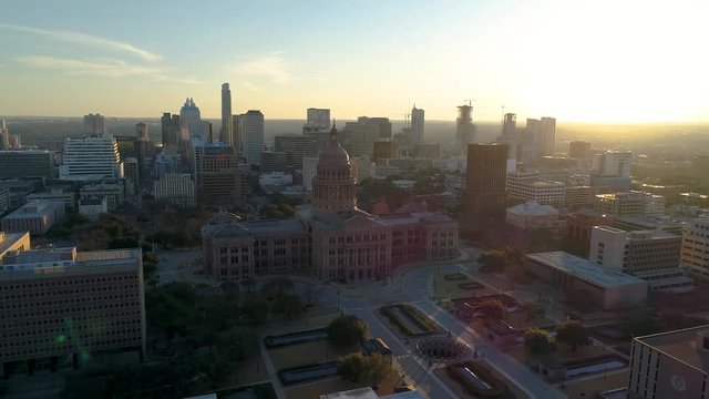 4K Texas Capitol Aerial at Sunset - Downtown Austin