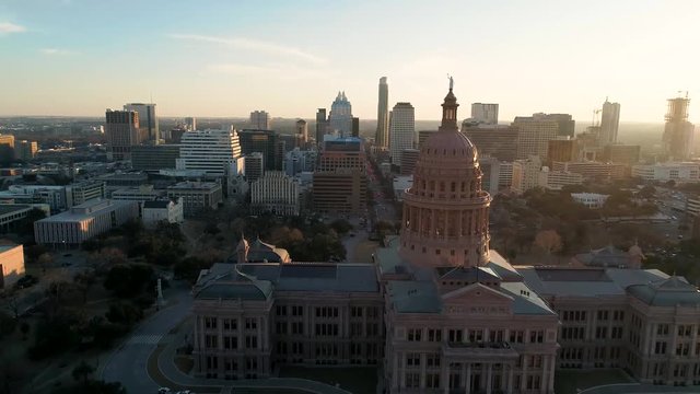 4K Texas Capital Aerial in Austin at Sunset Downtown