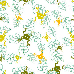 Seamless vector pattern with a toad. Silhouette of a frog on green leaves. Design for wallpapers, fabrics, posters.