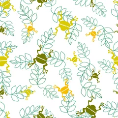  Naadloos vectorpatroon met een pad. Silhouet van een kikker op groene bladeren. Ontwerp voor behang, stoffen, posters. © Kamilla