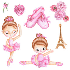 Watercolor set with girl ballerina dancer in pink ballet dress, Eiffel Tower, ballet pointes, roses. Illustration isolated on white background. © Olha