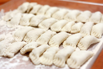 Fototapeta na wymiar Raw dumplings on a tray