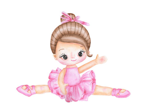 Watercolor girl ballerina dancer in pink ballet dress. Illustration isolated on white background