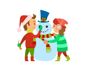 Christmas Holidays, Children Building Snowman