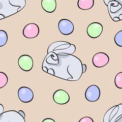 Seamless pattern dedicated to Easter with the image of rabbits and painted eggs. Colorful illustration. EPS 10