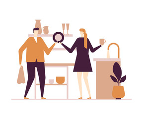 Couple washing dishes - flat design style colorful illustration