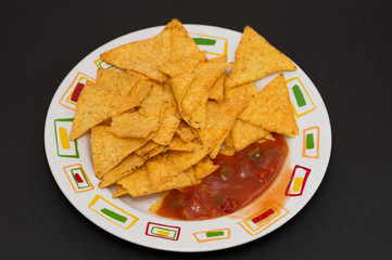 Tortilla with Salsa dip ,Potato chips and red sauce
