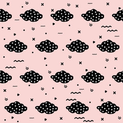 Handmade contrast seamless pattern. Childish craft monochrome wallpaper for birthday card, baby nappy, school party advertising, shop sale poster, holiday wrapping paper, textile, bag print etc.