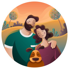 Cute, flat illustration of a couple with dog in round frame. Vector illustration for Valentine's day or for romantic gift