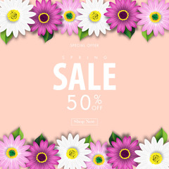 Spring Sale Off Background with Colorful Daisy Flower Blossom Design Vector