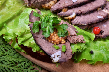 Baked ham of elk meat cut into slices topped with greenery and cranberries on the salad leaves