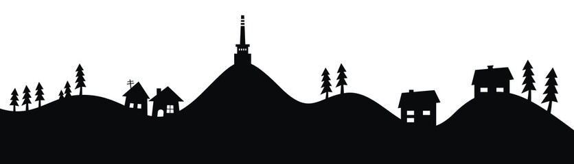 Mountain with houses, trees and lookout tower, vector illustration, black silhouette - obrazy, fototapety, plakaty