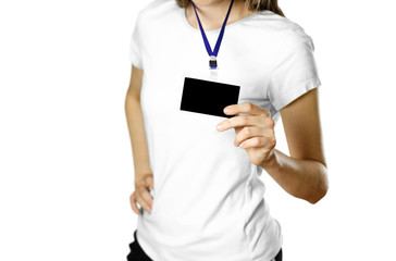 Girl holding a badge. Close up. Isolated background