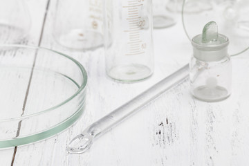 equipment of chemical laboratory on wooden table