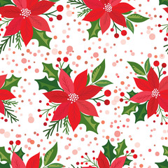 Seamless poinsettia design with white background and lots of berries , vector illustration