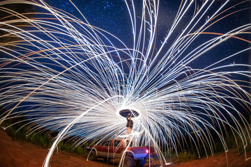 Fire show at night with star, Chiang mai, Thailand 