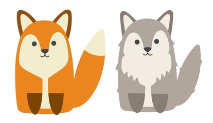 Cute cartoon fox and wolf. Forest animals. Vector illustration.