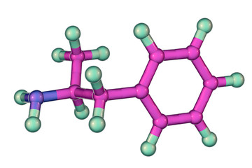 Amphetamine molecule, a powerful stimulant of central nervous system and sympathomimetic, 3D illustration