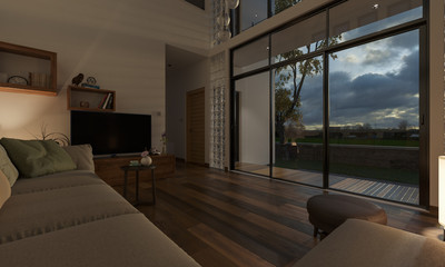 Dimly Illuminated Living Room with a View at Sunset 3D Rendering