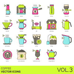 Coffee icons including aeropress, espresso, turkish gezve, eva solo, vacuum pot, hario v60, drip brew, wifi, shop, kettle, hot chocolate, v shape, iced tea, bag, milk pitcher, latte art, sack of beans