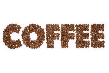 Coffee beans in the shape of the word coffee isolated on white background.