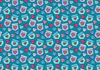 Hand drawn patch pockets and heart-shaped buttons Сhildren's theme colored background.