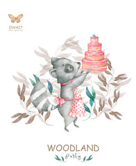 Cute watercolor bohemian baby cartoon roccoon and tasty cake animal for kindergarten, woodland party, tasty cake isolated forest illustration for children. On white background.