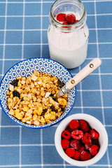 Breakfast preparation. Cereal in a bowl with milk and berries.