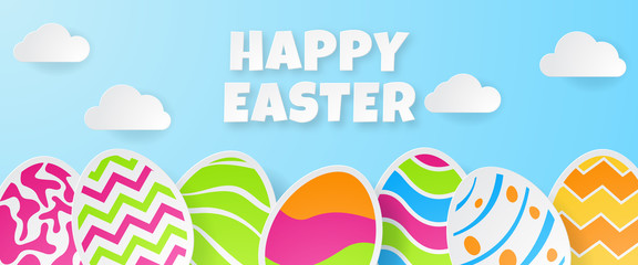 Happy easter banner template. Greeting Card. Paper cut style. Vector illustration