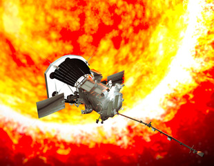 Parker Solar Probe in viaggio verso il sole. Lo scopo della sonda è quello di analizzare attentamente il Sole e il suo vento solare. NASA. 3d rendering