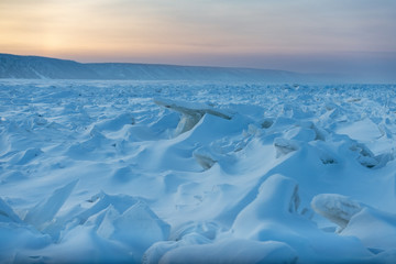 Fototapeta na wymiar ridged ice on the Lena river in the Natural Park Lenskie Stolby (Lena Pillars), Yakutia, Russia