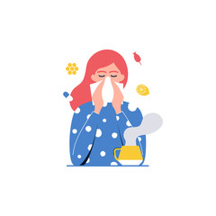 Cold, flu. Girl with handkerchief vector illustration