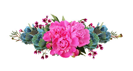 Ornamental kales and pink peony flowers in a floral line arrangement