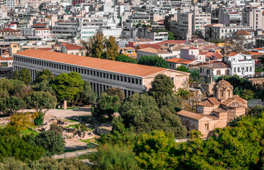 View of the Eastern part of the Ancient Agora, with the Stoa of Attalos and the Church of the Holy Apostles., in Athens, Greece.
