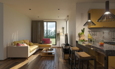 Open Plan Living Room and Kitchen with a View 3D Rendering
