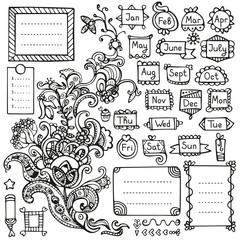 Bullet journal hand drawn vector elements for notebook, diary and planner. Doodle frames isolated on white background.