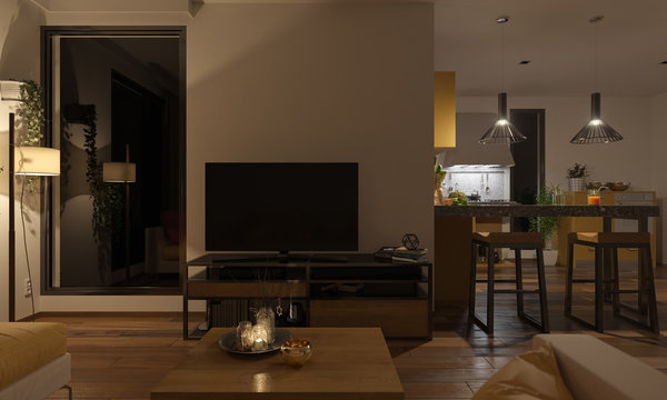 Softly Illuminated Lounge and the Kitchen 3D Rendering